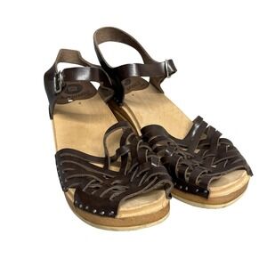 Troentorp Clog Shoes Womens Size‎ 9.5 Brown Leather Wooden Sandals Sweden